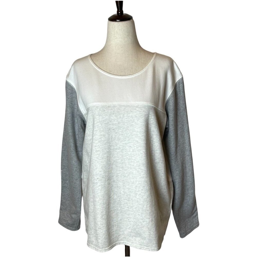 J. Crew White And Gray Round Neck Long Sleeve Back Zip Cotton Top Size M